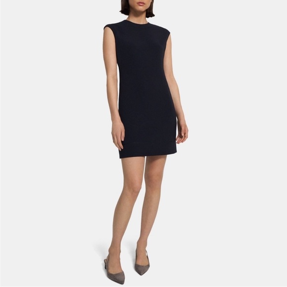 Theory Embroidered Shift Dress Admiral Crepe Navy Blue Black Size 4 - Picture 2 of 9